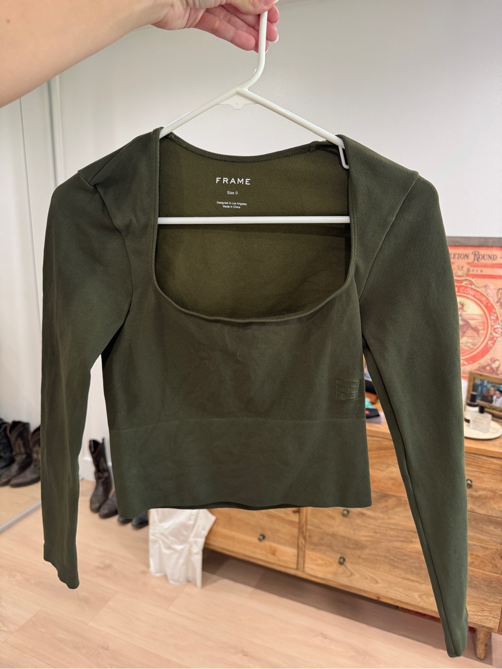 Frame Denim Olive Square-Neck Long Sleeve Crop Top